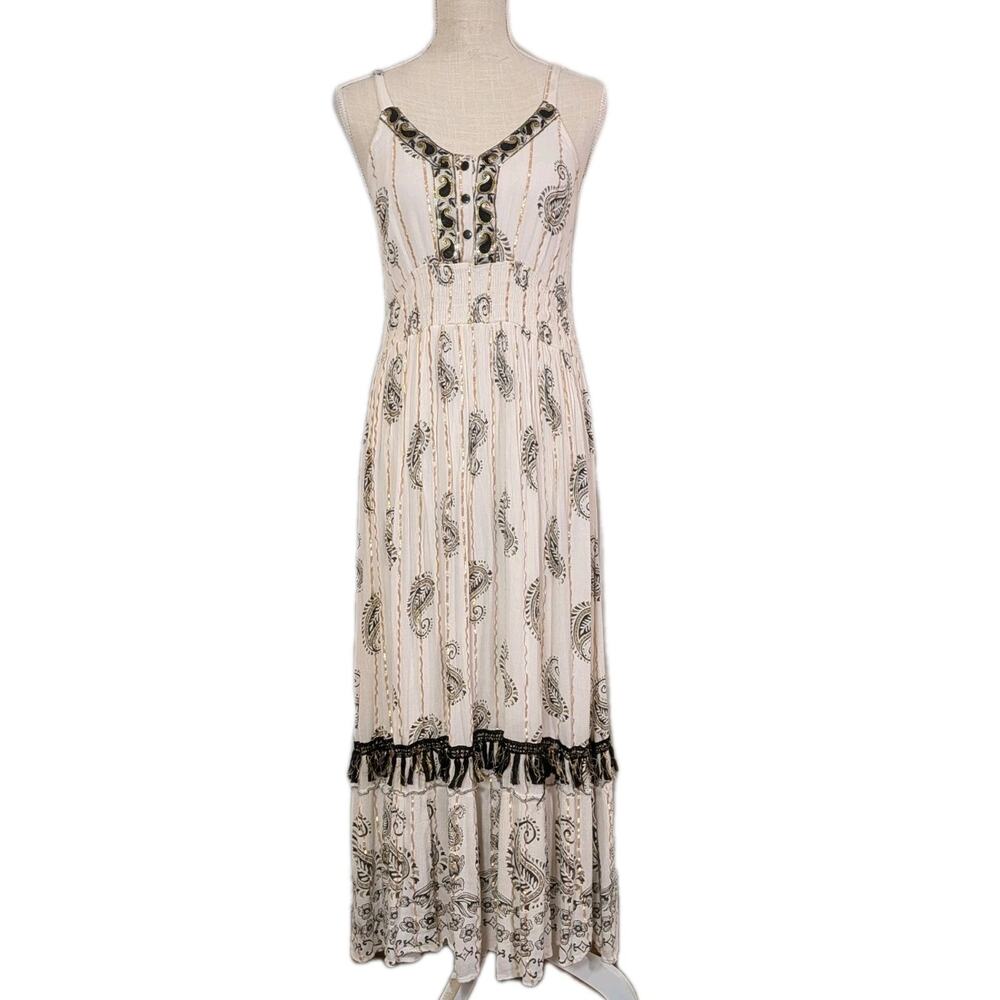 Me 2 Magic Anthropologie XL Boho Paisley Print Maxi Dress Flowy Cream Gold Black